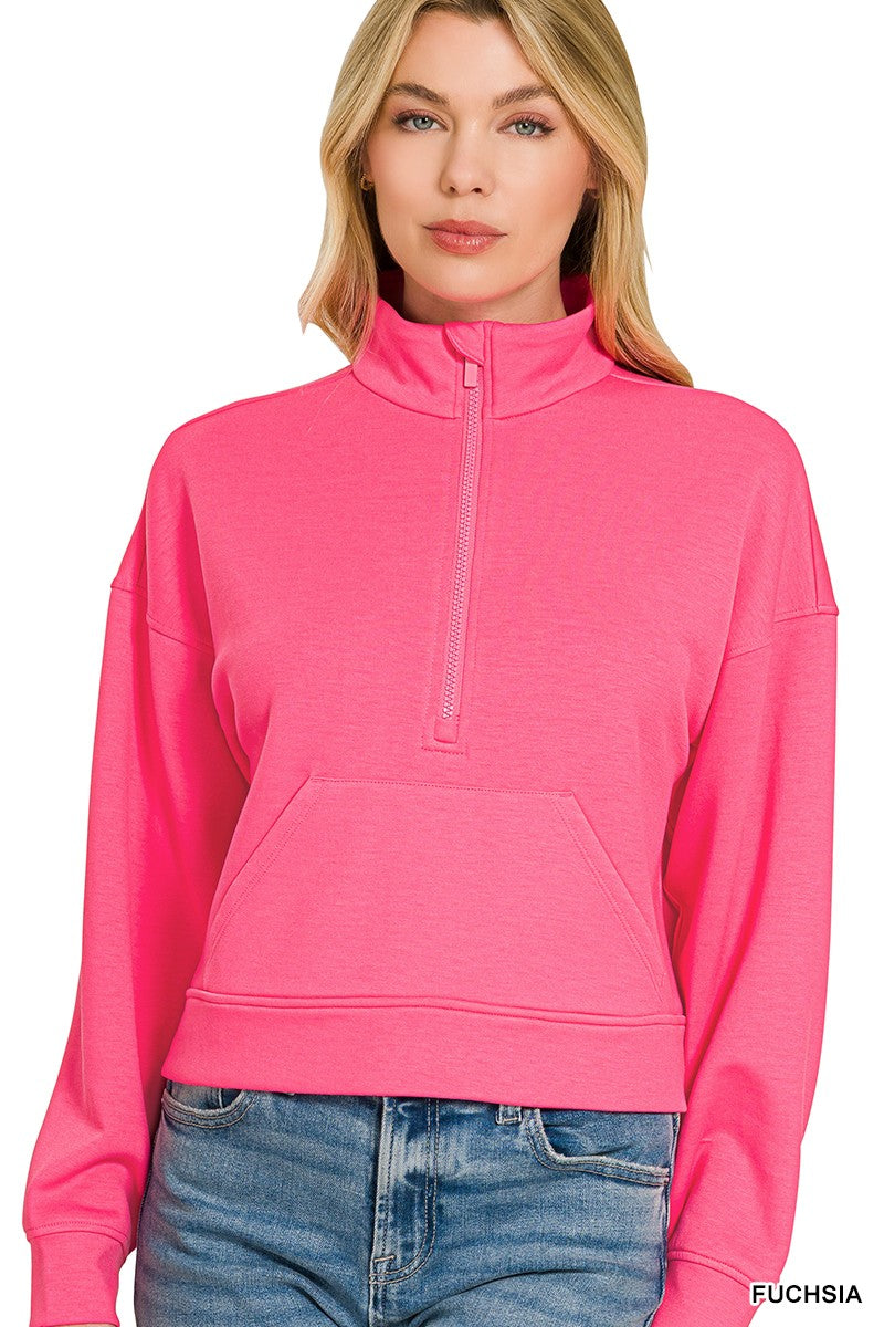 Zenana Scuba Half Zip Pullover With Kangaroo Pockets