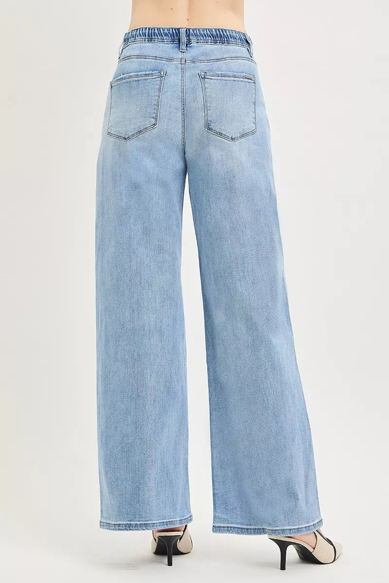 RISEN Elastic Band Slouchy Wide Jeans with Drawstring