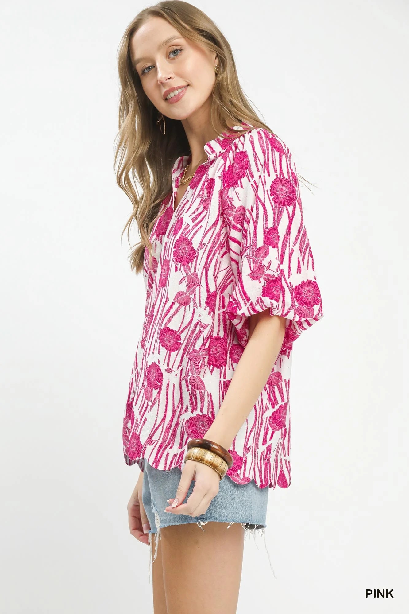 Umgee Floral Scalloped Edge Puff Sleeve Blouse with High-Low Curved Hem