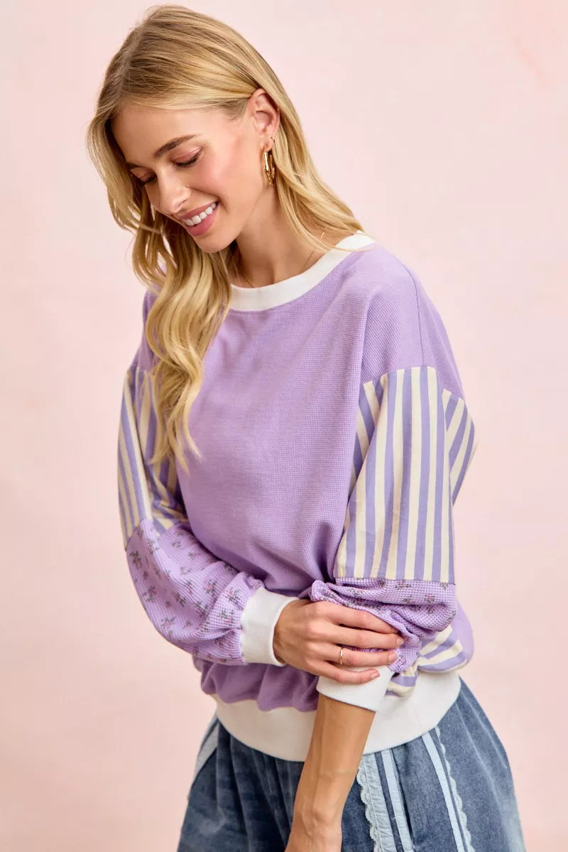 BiBi Mix and Match Sweatshirt with Floral Sleeve Striped