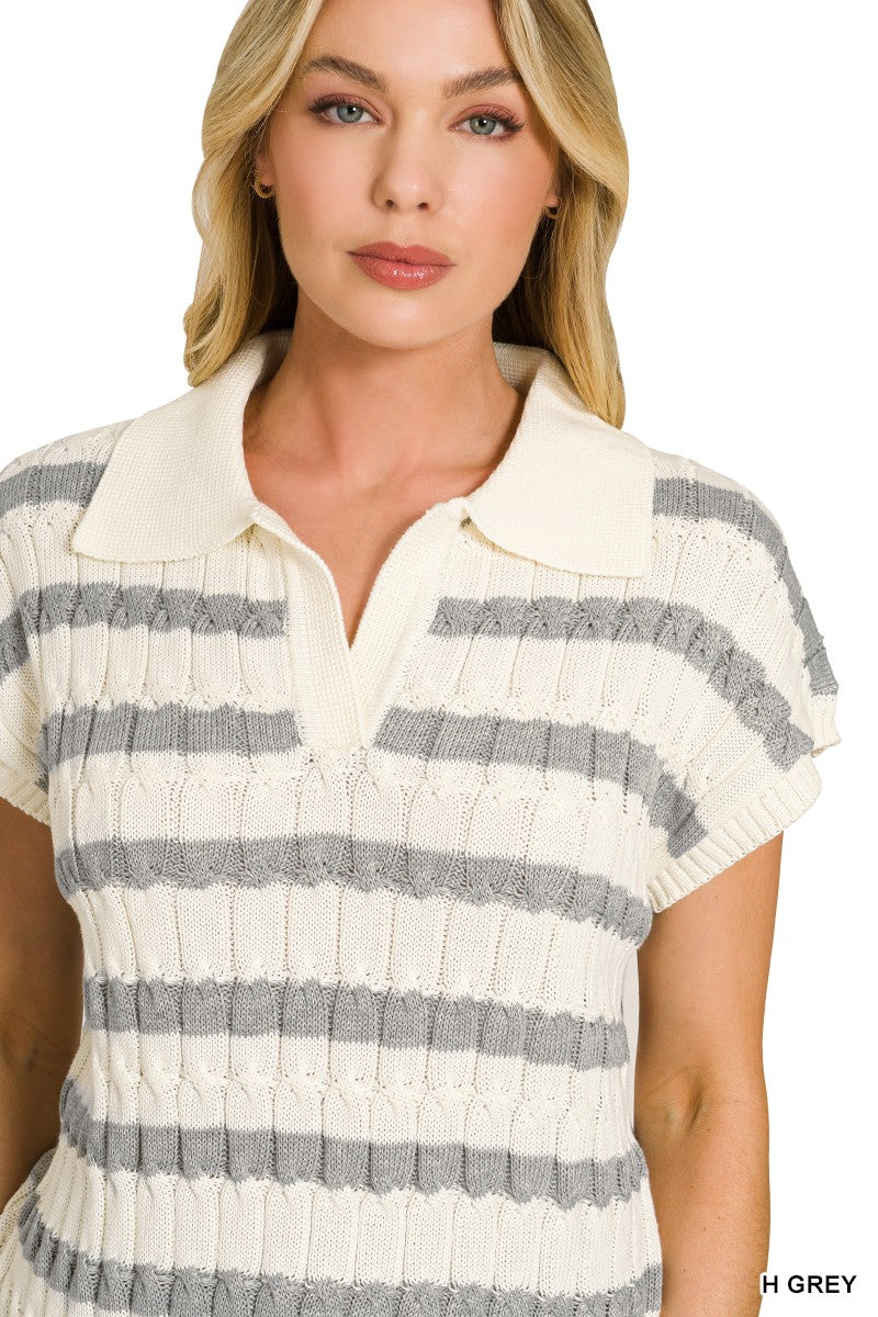 Zenana Textured Stripe Collared Sweater Vest