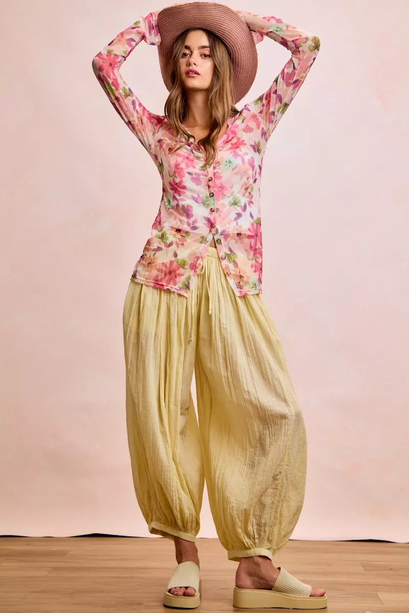 BiBi Floral Shrried Detail Button Up Mesh Cardigan Top