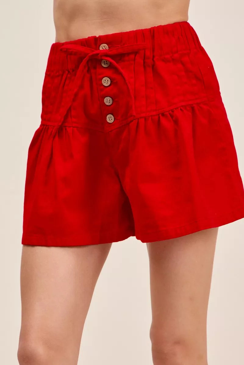 SO ME Solid Twill Denim Pintucked Buttoned Shorts With Waist Tie