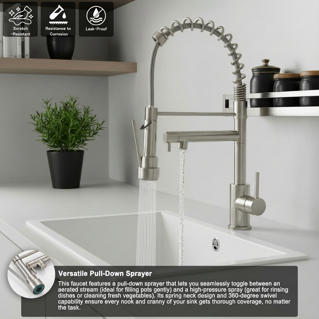 Kitchen Faucet with Pull Down Sprayer, Touch On Single Handle 2- Function Stainless Steel Spring Neck, Single Hole Installation for Residential, Commercial, RV, Bar & More, Brushed Nickel