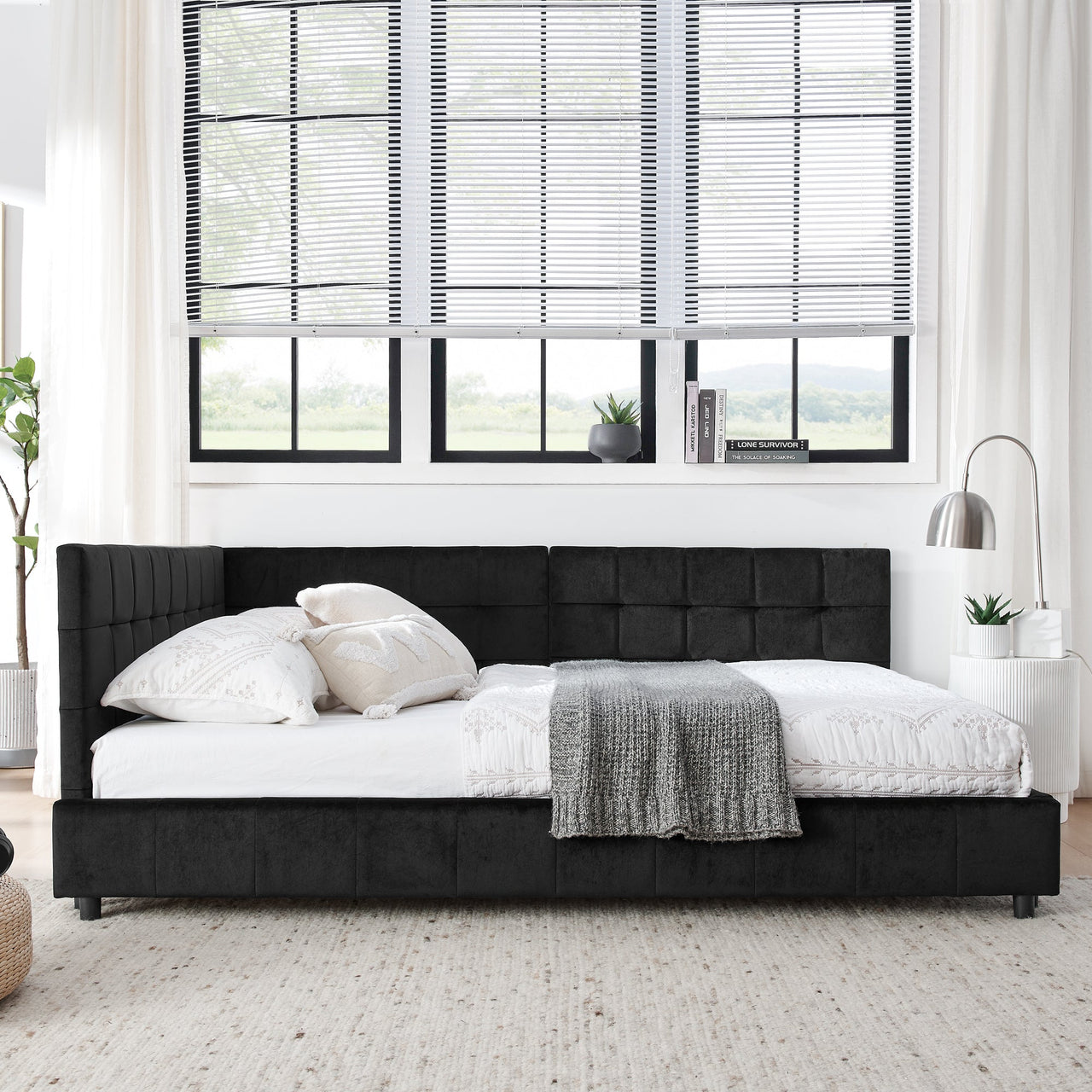 Mid-Century Full Size Upholstered Tufted Bed Frame with Comfortable Backrest and Armrests, Velvet, Black