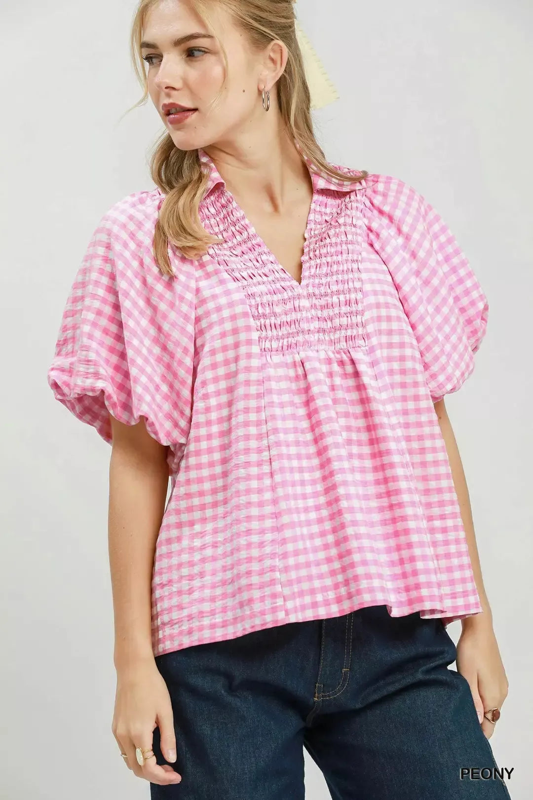 Umgee Smocked Yoke Puff Sleeve Gingham Blouse