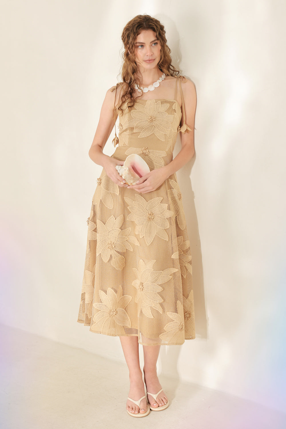 SANDY BLOOM FLORAL WOVEN LACE MIDI DRESS