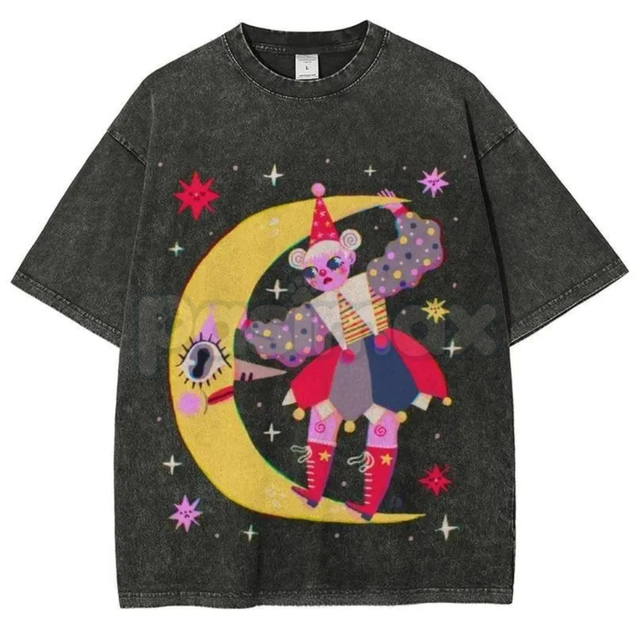 Star Clown Unisex Vintage Washed Tee – Retro Celestial Circus Graphic Streetwear T-Shirt