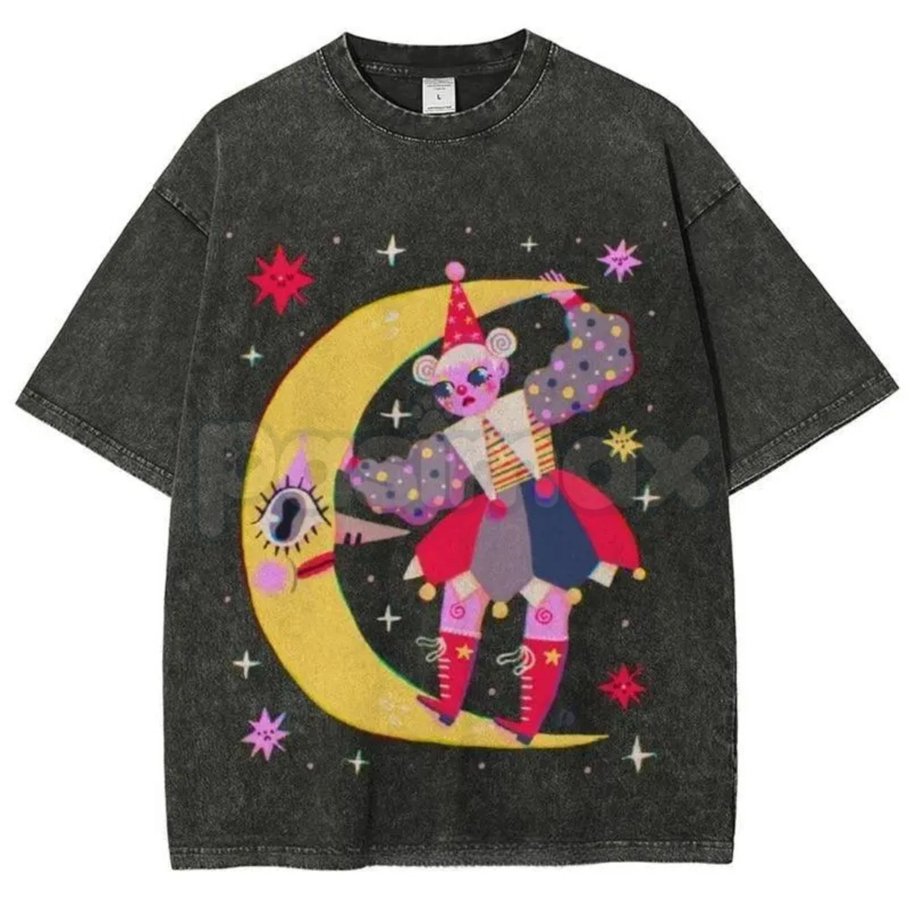 Star Clown Unisex Vintage Washed Tee – Retro Celestial Circus Graphic Streetwear T-Shirt
