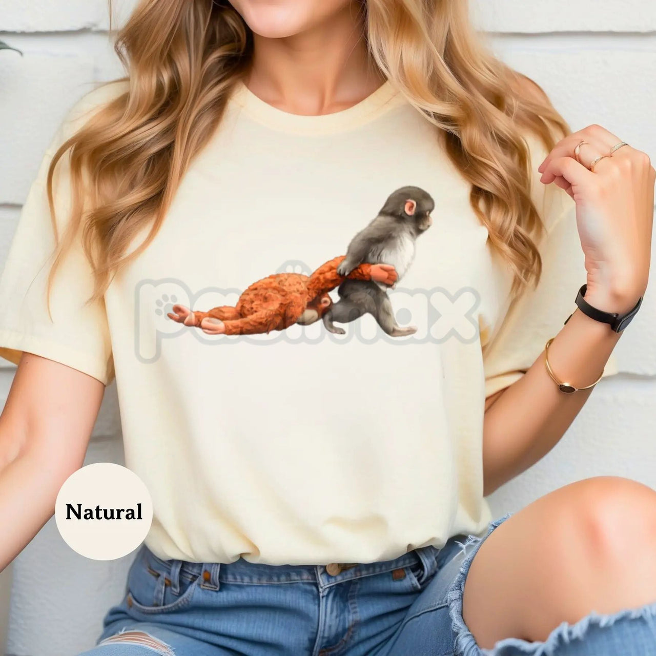 Monkey Punch Baby Monkey Graphic T-Shirt - Cute Baby Monkey Holding Plush Toy Shirt, Premium 100% Cotton Animal Lover Tee, Whimsical Wildlife Illustration Top, Adorable Primate Cuddle Graphic Apparel, Soft Lived-In Unisex Nature Tee