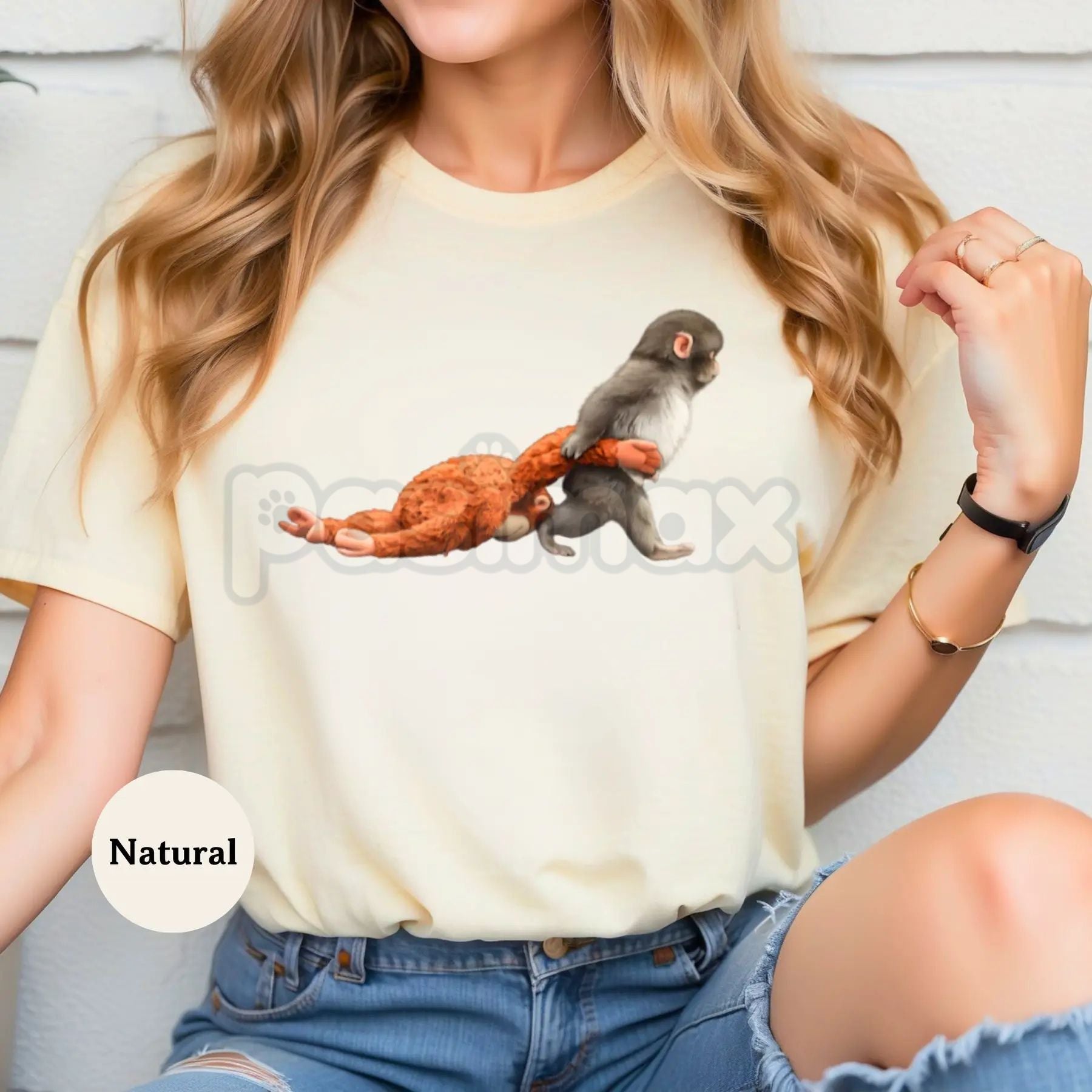 Monkey Punch Baby Monkey Graphic T-Shirt - Cute Baby Monkey Holding Plush Toy Shirt, Premium 100% Cotton Animal Lover Tee, Whimsical Wildlife Illustration Top, Adorable Primate Cuddle Graphic Apparel, Soft Lived-In Unisex Nature Tee
