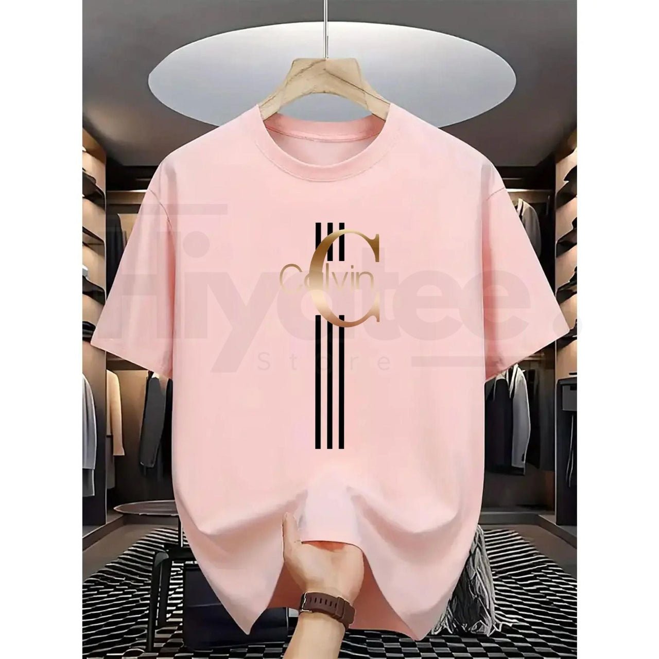 Men's Casual Calvin Print T-Shirt – Black & Gold Striped Street Style Essential
