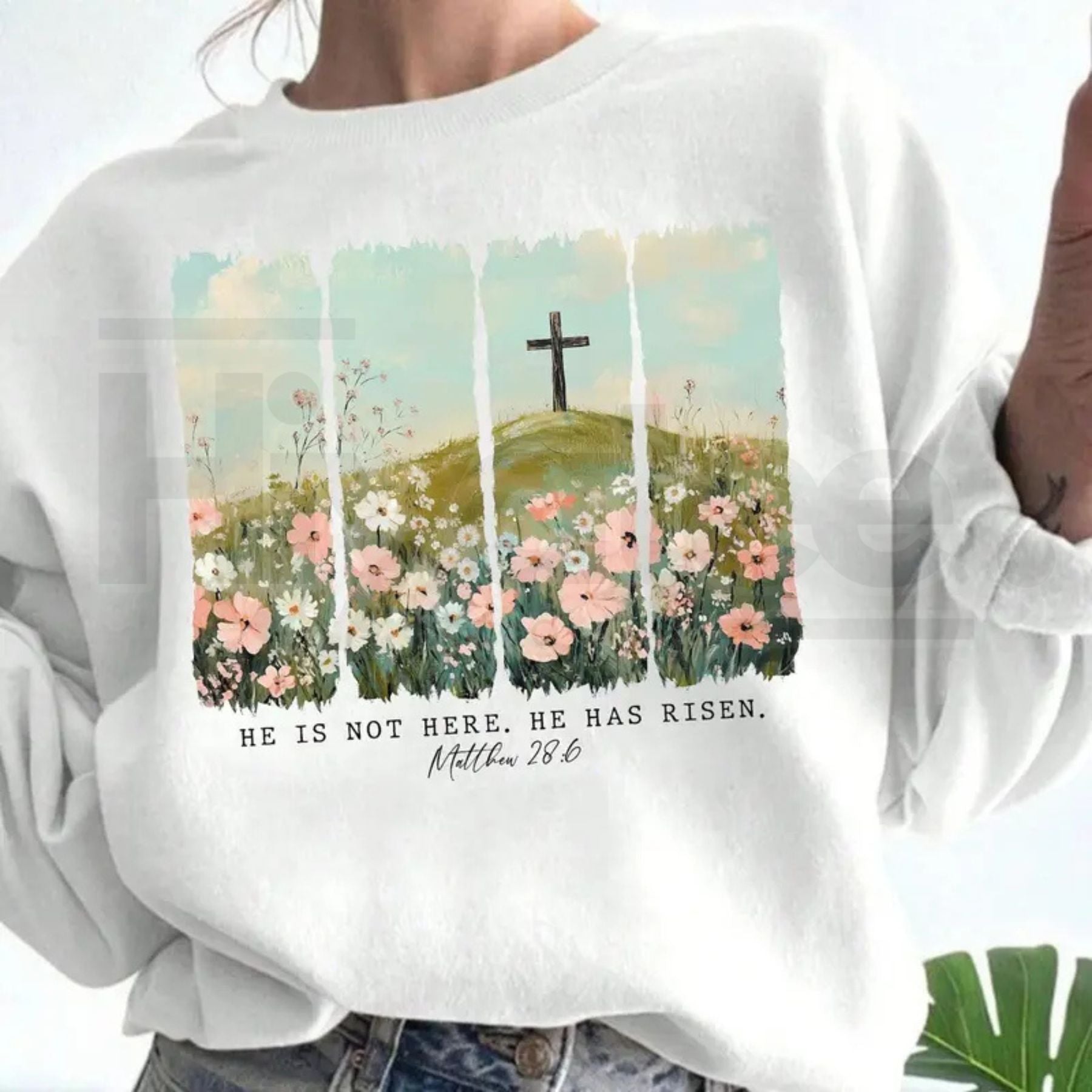 He Is Risen Wildflower Crewneck: Aesthetic Boho Christian Easter Sweatshirt