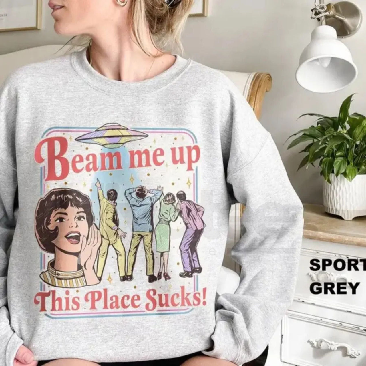 Beam Me Up This Place Sucks Sweatshirt: Funny Retro UFO Graphic Crewneck