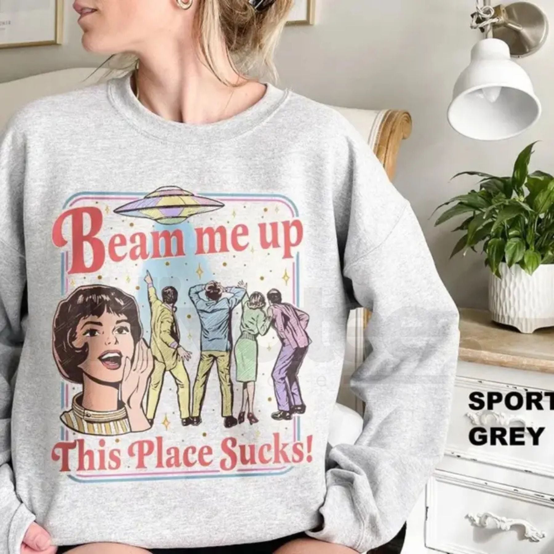 Beam Me Up This Place Sucks Sweatshirt: Funny Retro UFO Graphic Crewneck