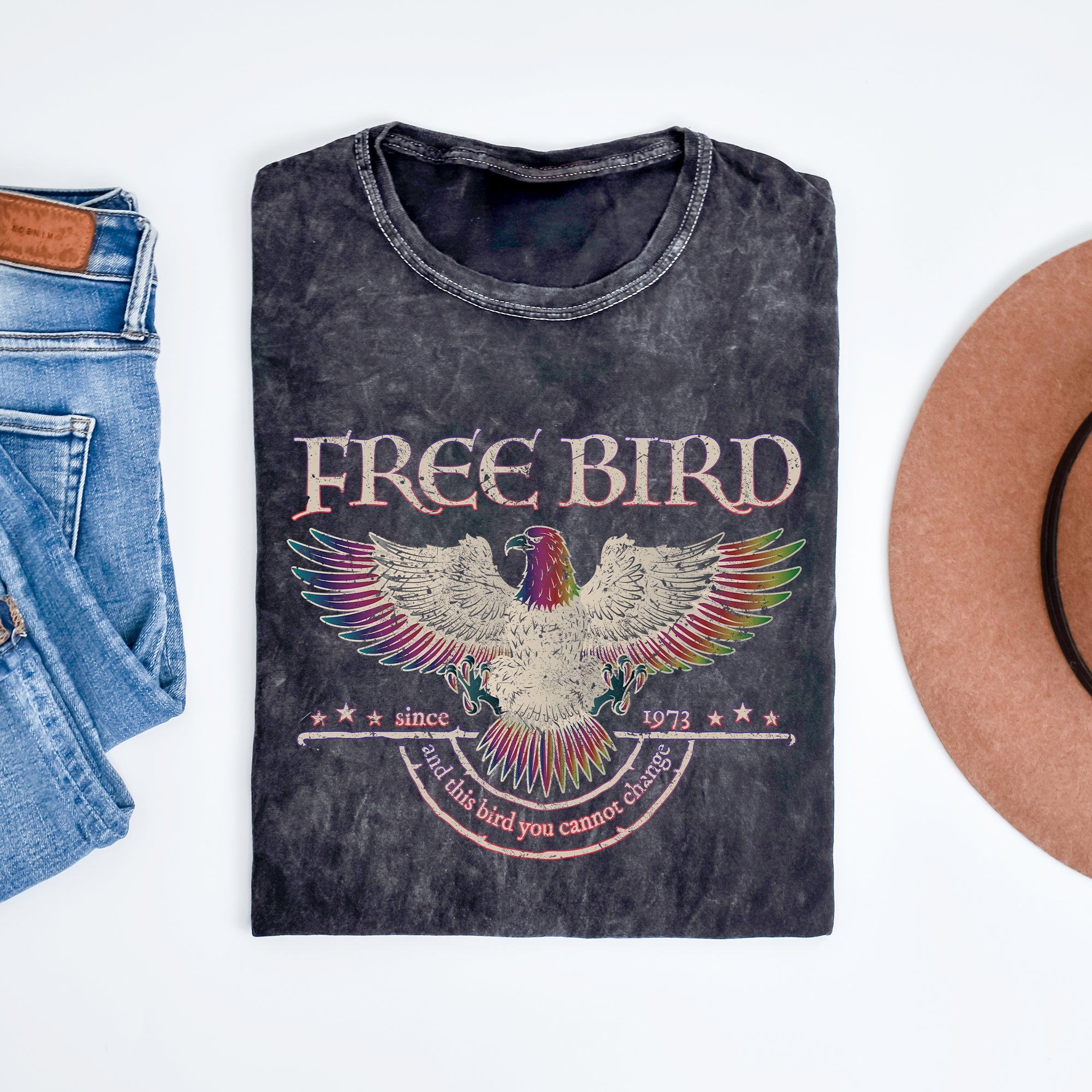 Free Bird Vintage Mineral Wash Old School Rock Band Tribute Classic Retro Style Graphic Tee