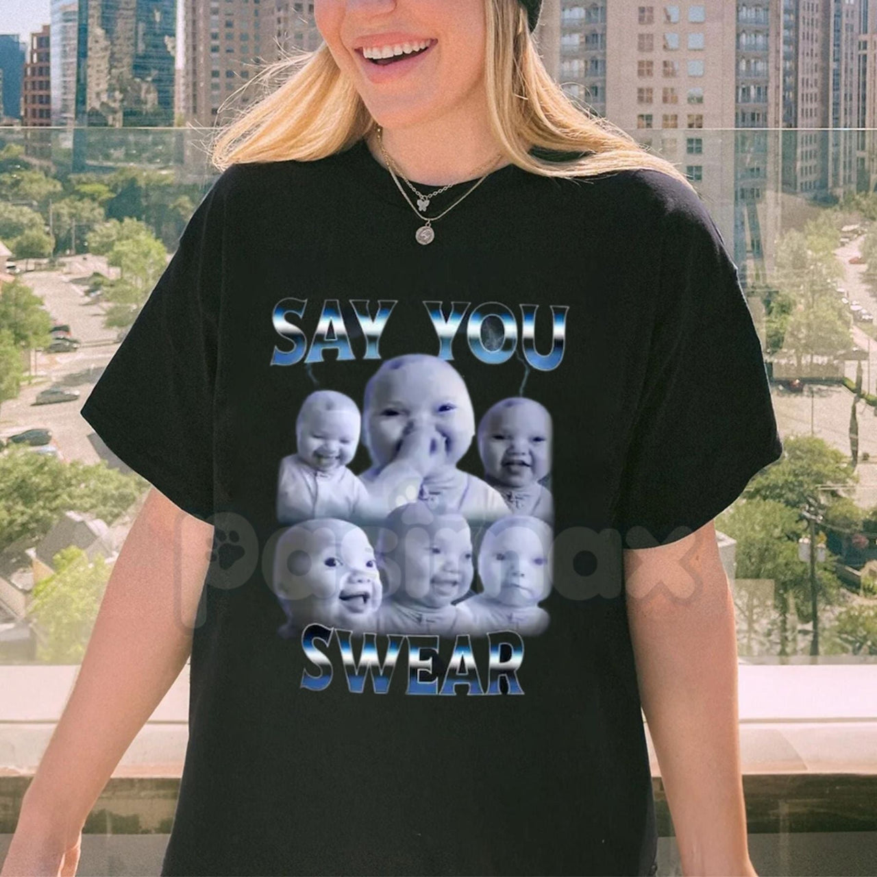 Niche Baby Holding Laugh Graphic T-Shirt - Ironic Surreal Meme Tee, Funny Aesthetic 