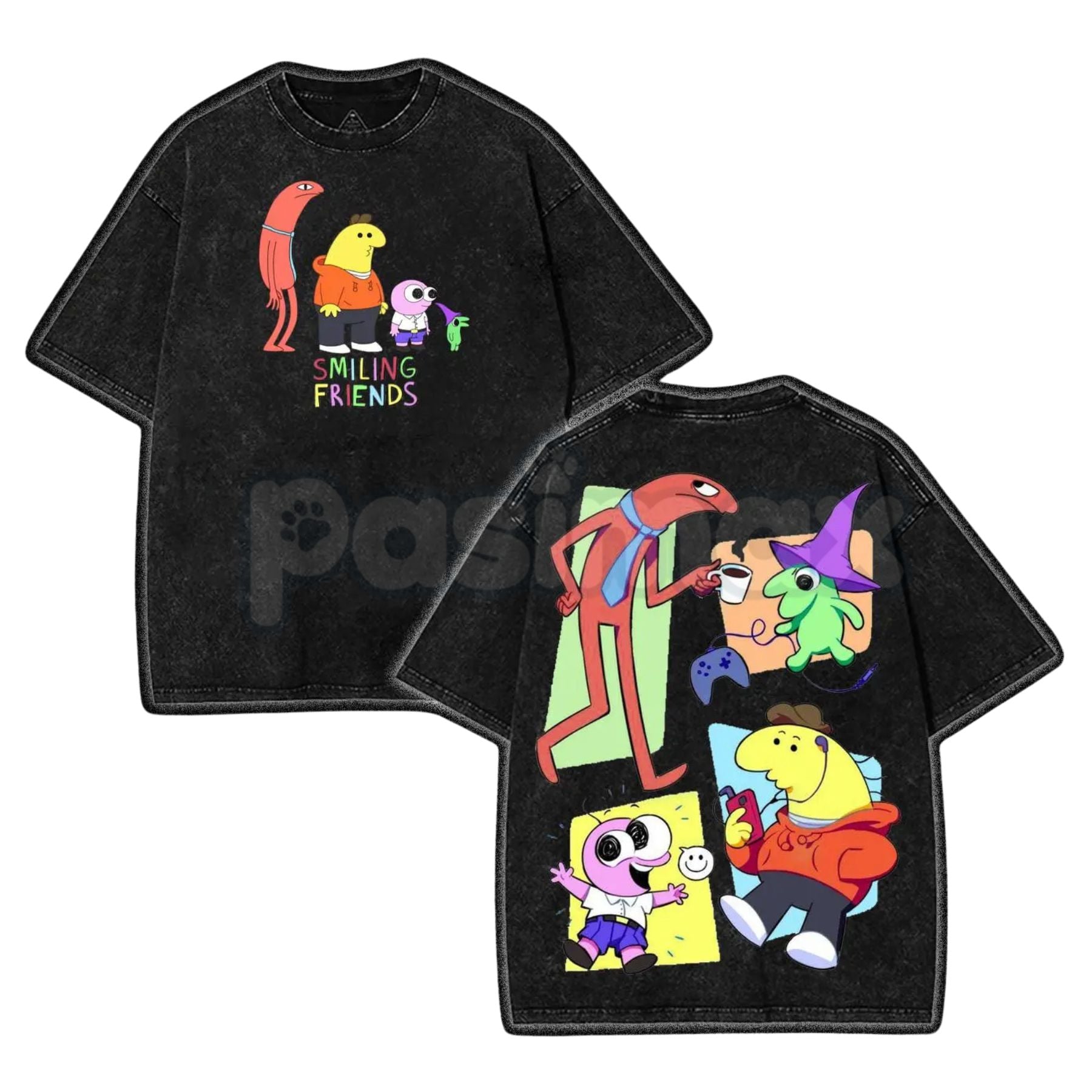 Smiling Friends Washed Cotton Shirt – Retro Season 3 Graphic Tee, Vintage Oversized Animation Merch