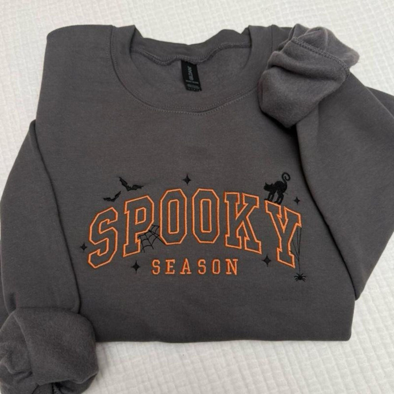 Spooky Season Halloween Cat Bats Spiderweb Embroidered Spooky Season Sweatshirt