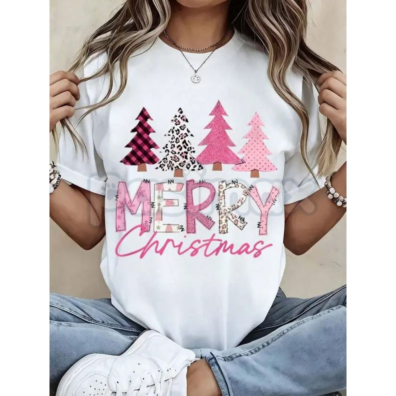 Leopard Print Pink Plaid Christmas Trees T-Shirt - Glam Holiday Statement Tee, Maximalist Festive Fashion for Women, Edgy Seasonal Graphic