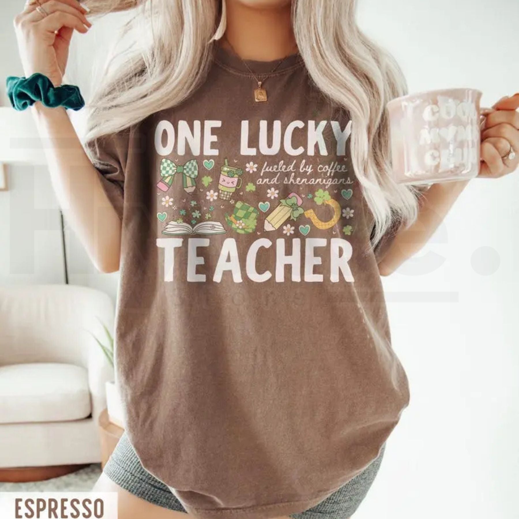 Comfort Colors® One Lucky Teacher St Patrick's T-Shirt – 'Fueled By Coffee and Shenanigans' Clover Tee