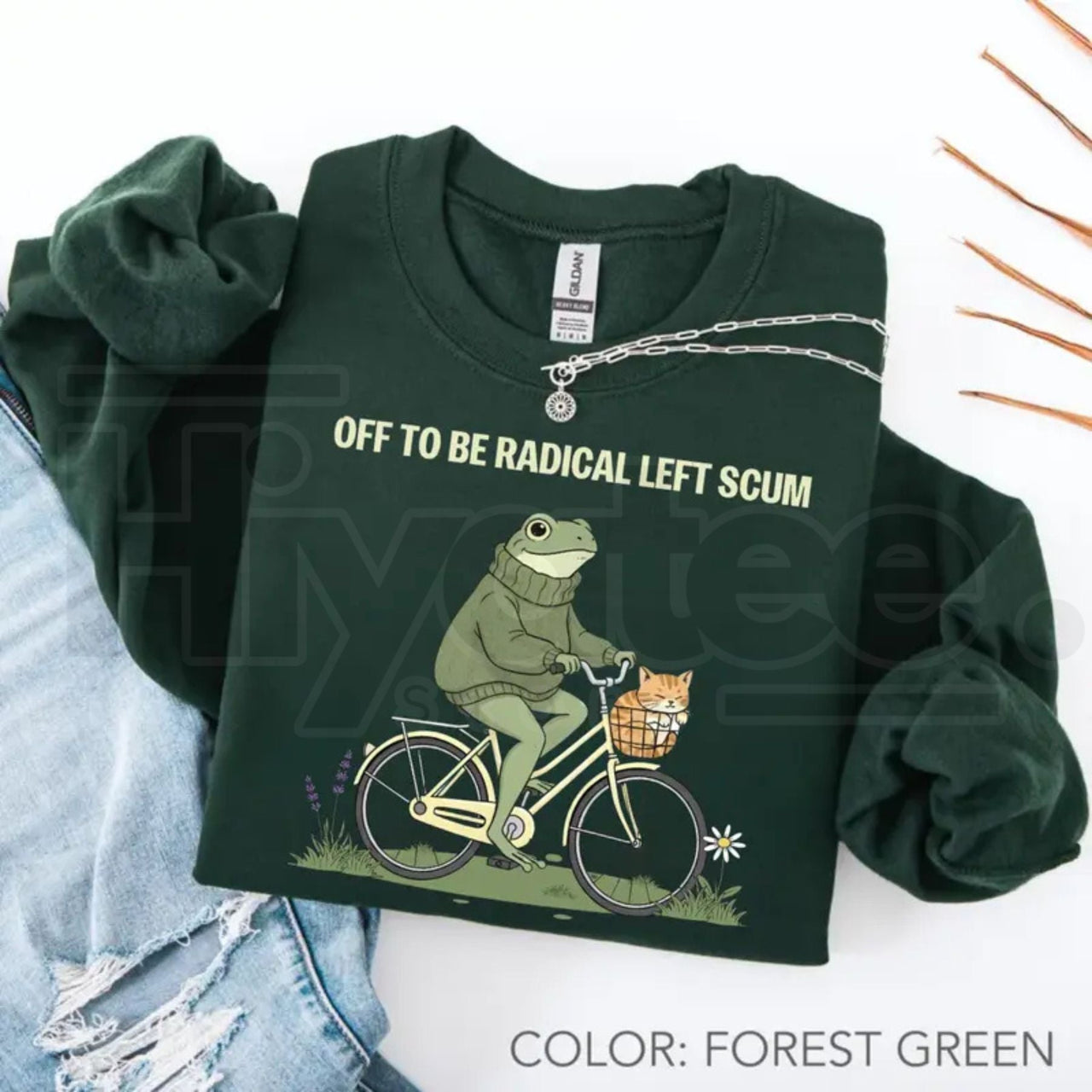 Off To Be Radical Left Scum Sweatshirt: Retro Frog & Cat Bicycle Resistance Crewneck