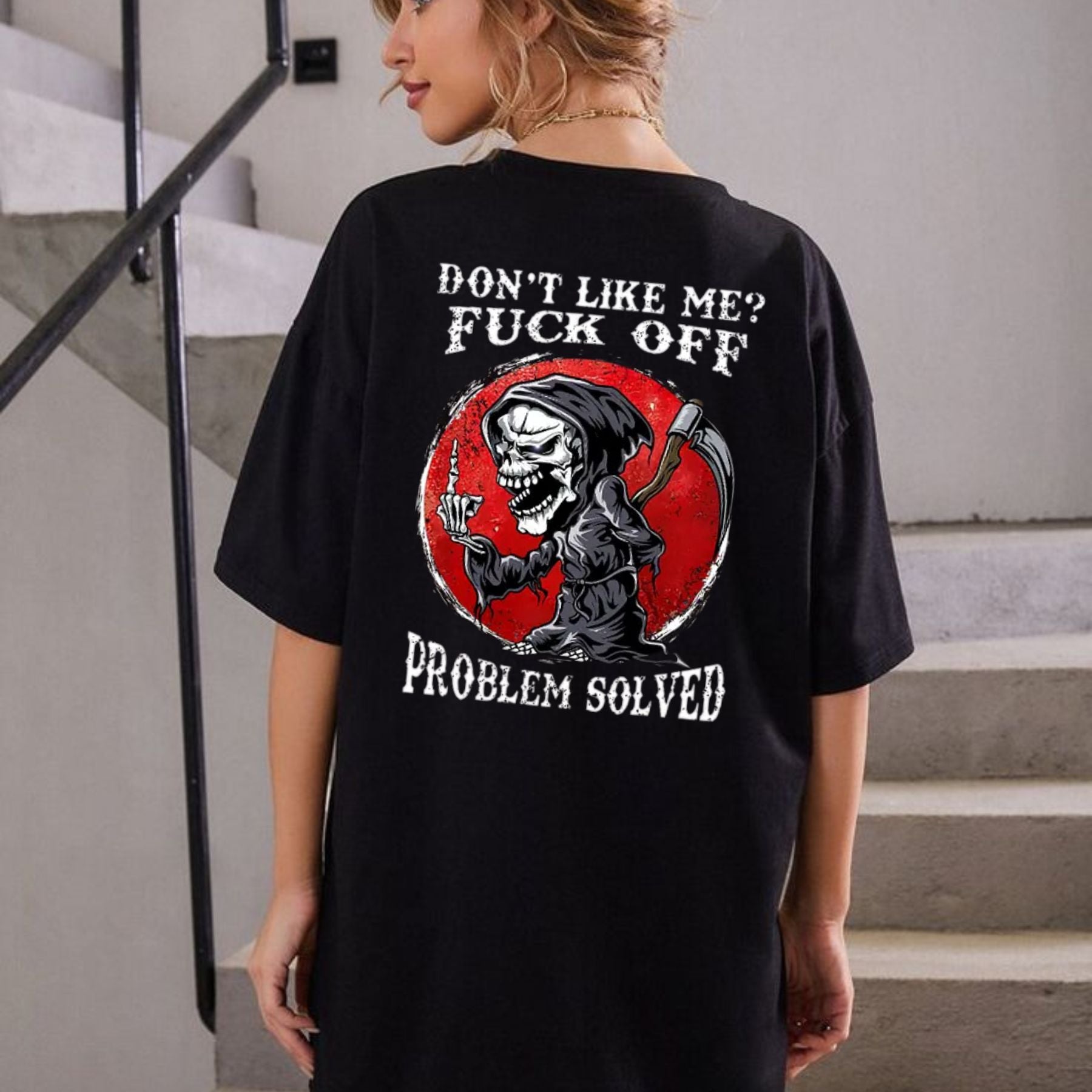 Don’t Like Me F*ck Off Problem Solved T-Shirt – Funny Halloween Graphic Tee, Unisex Casual Cotton Shirt