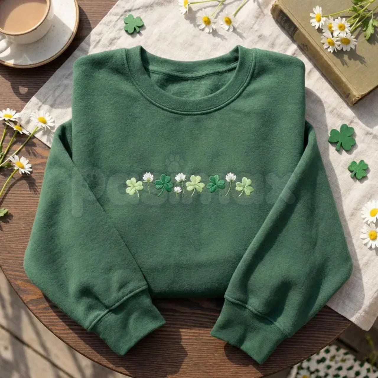 Embroidered Shamrock Meadow Crewneck – St. Patrick’s Day Lucky Four-Leaf Flower Sweatshirt