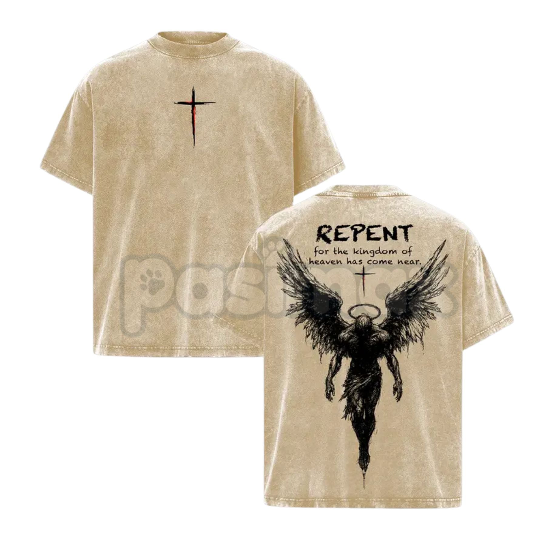 The Kingdom Mandate: Repent Vintage Washed Tee – Heavy Cotton Christian Streetwear, Gospel Angel Wings Shirt
