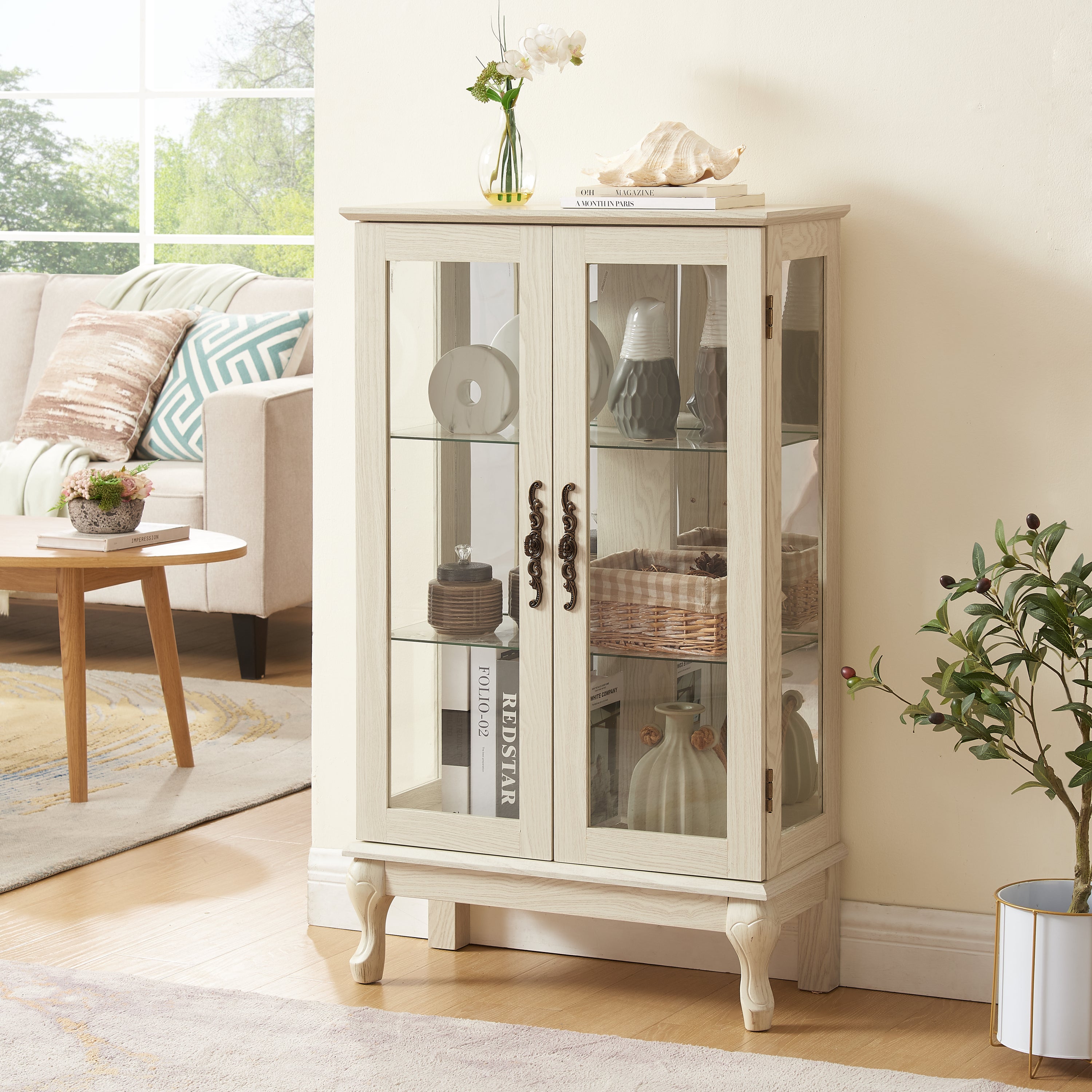 2 Doors Curio Cabinet with Tempered Glass Doors, Curio Cabinets with Mirrored Back Panel and Adjustable Shelves, Lighted Display Cabinet for Home, Office Light Bulb Included White