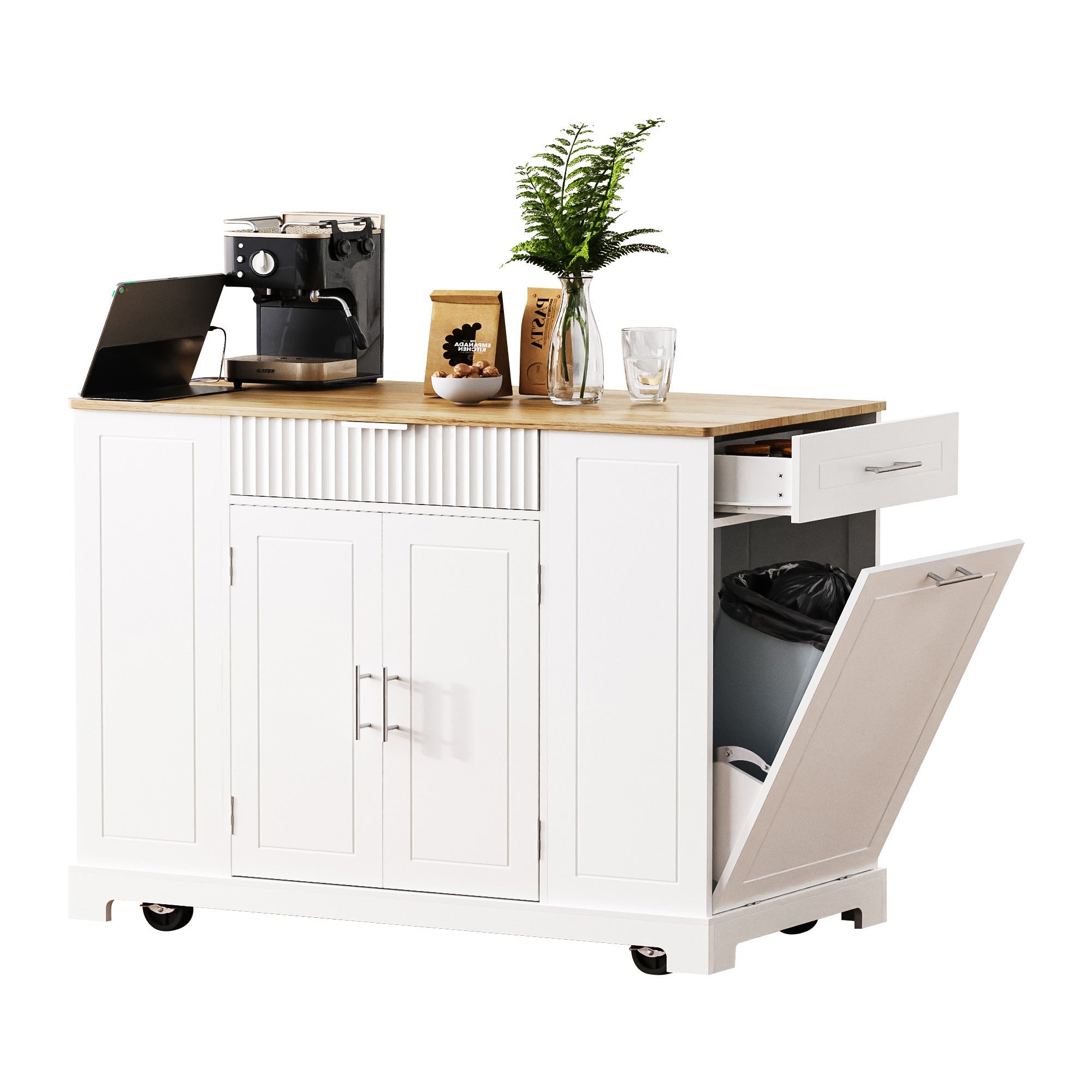 K&K Fluted Kitchen Island with Trash Can Storage Cabinet, Power Outlet, Internal Storage Rack, Rolling Kitchen Islands on 5 Wheels with 3 Drawer, 3 Open Side Racks for 10 Gallon Garbage Bin, White