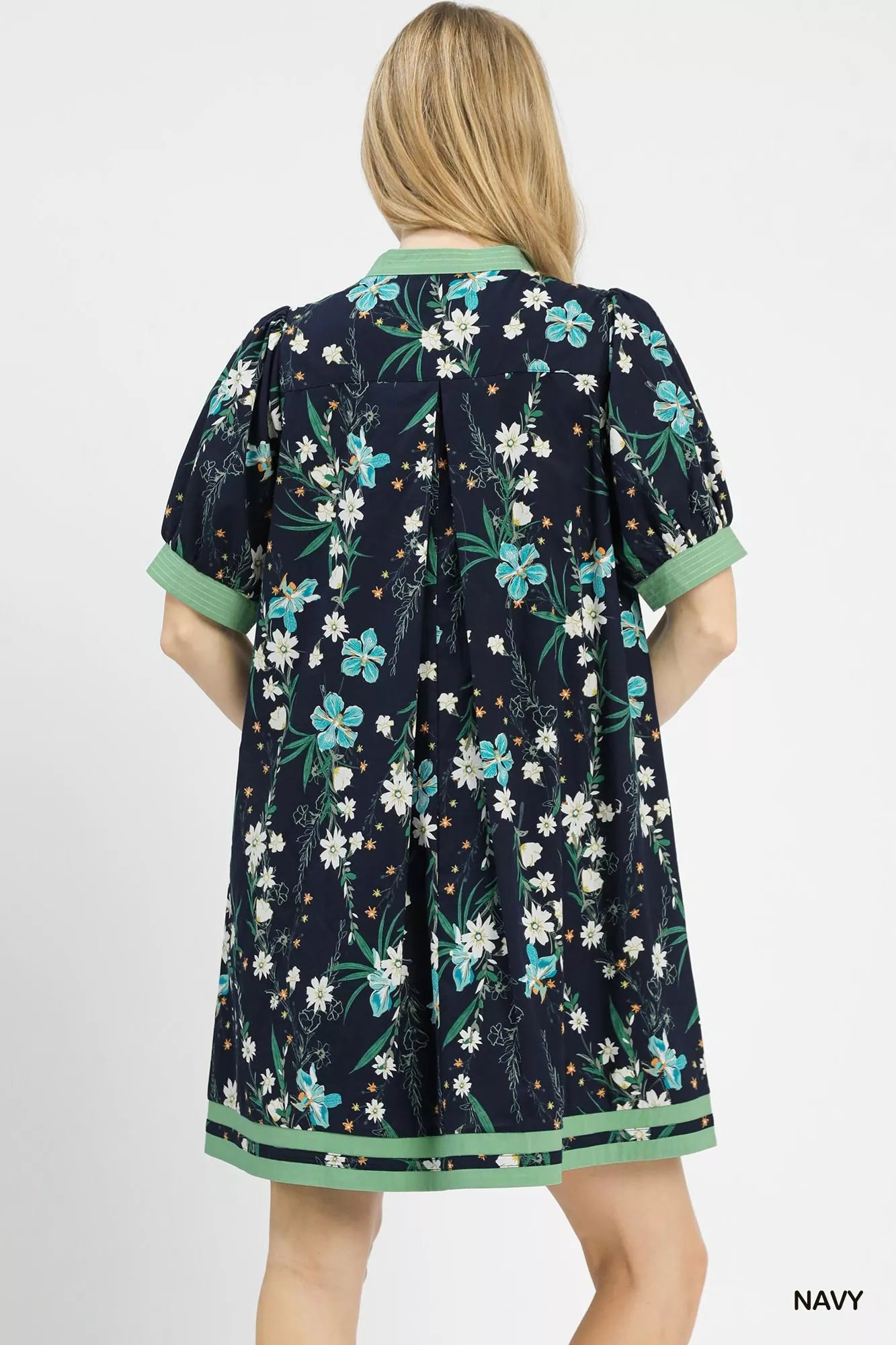 Umgee Floral Puff Sleeve Dress with Contrast Trim