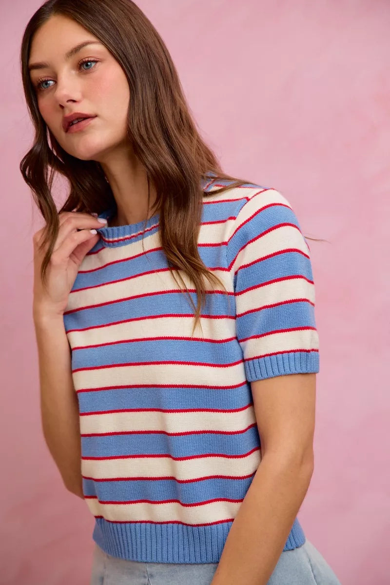 SO ME Stripe Knit Crew Neck Short Sleeves Sweater Top