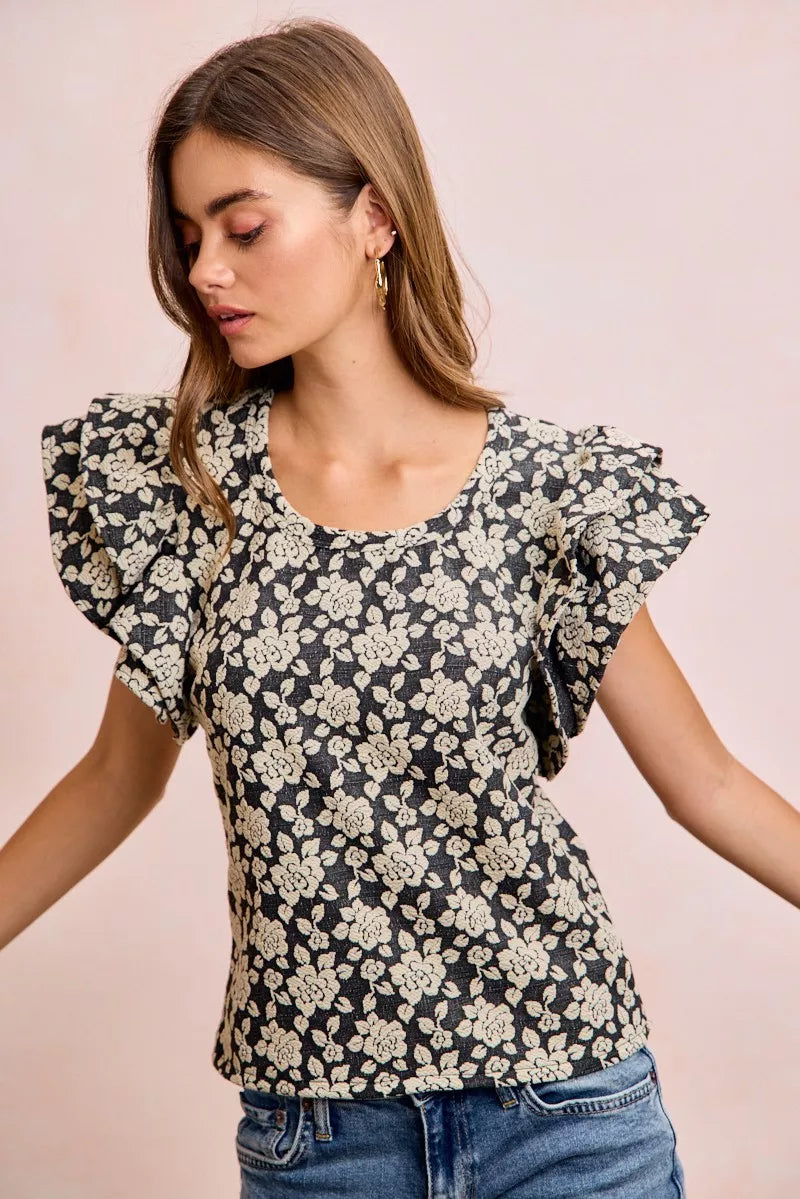 BiBi Floral Jacquard Ruffle Sleeves Knit Top