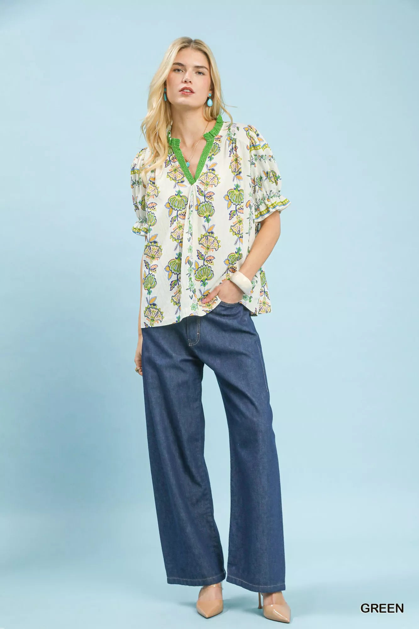 Umgee Abstract Border Print V-Neck Top