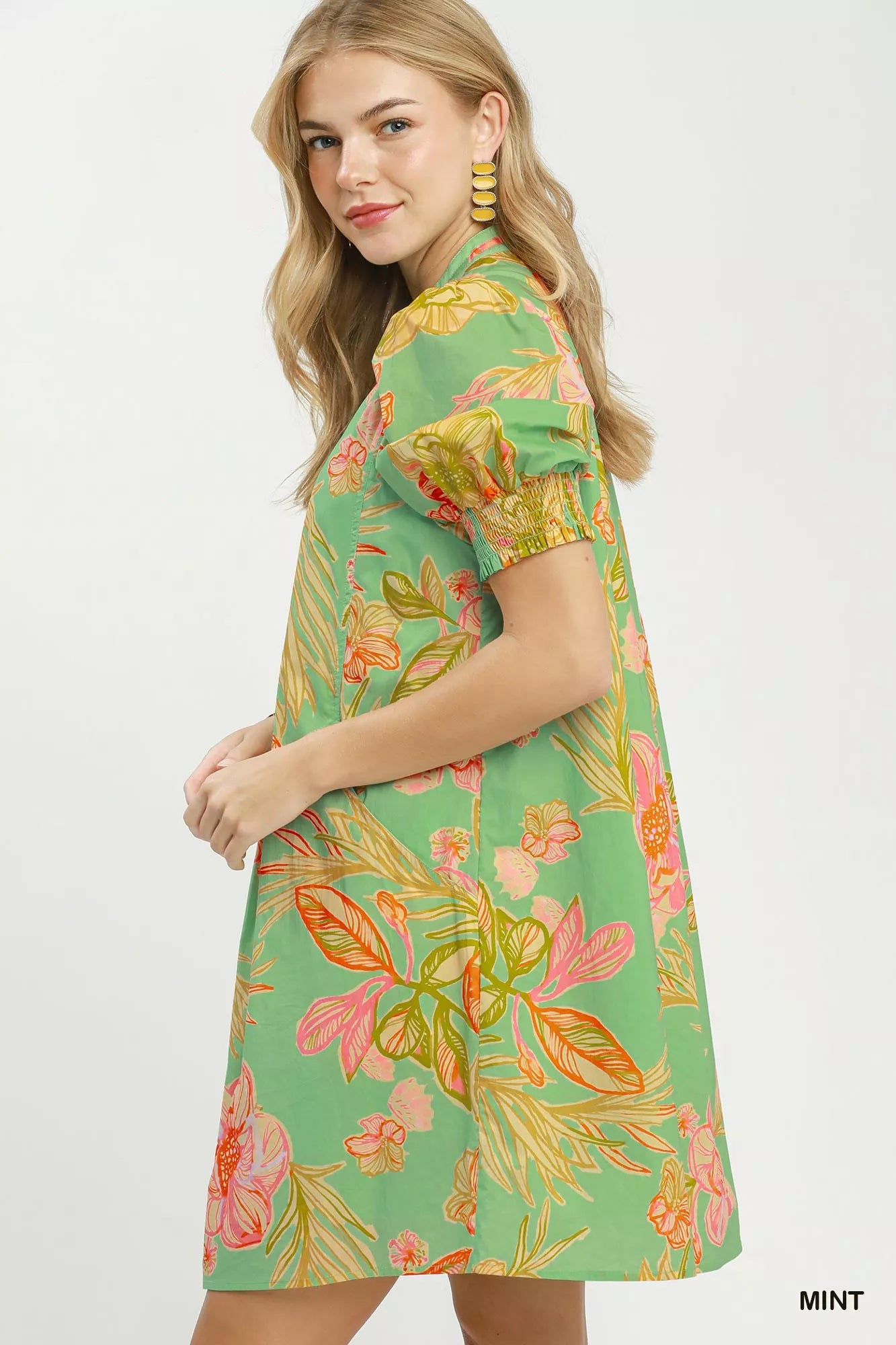 Umgee Botanical Print Dress with Smocked Cuffs