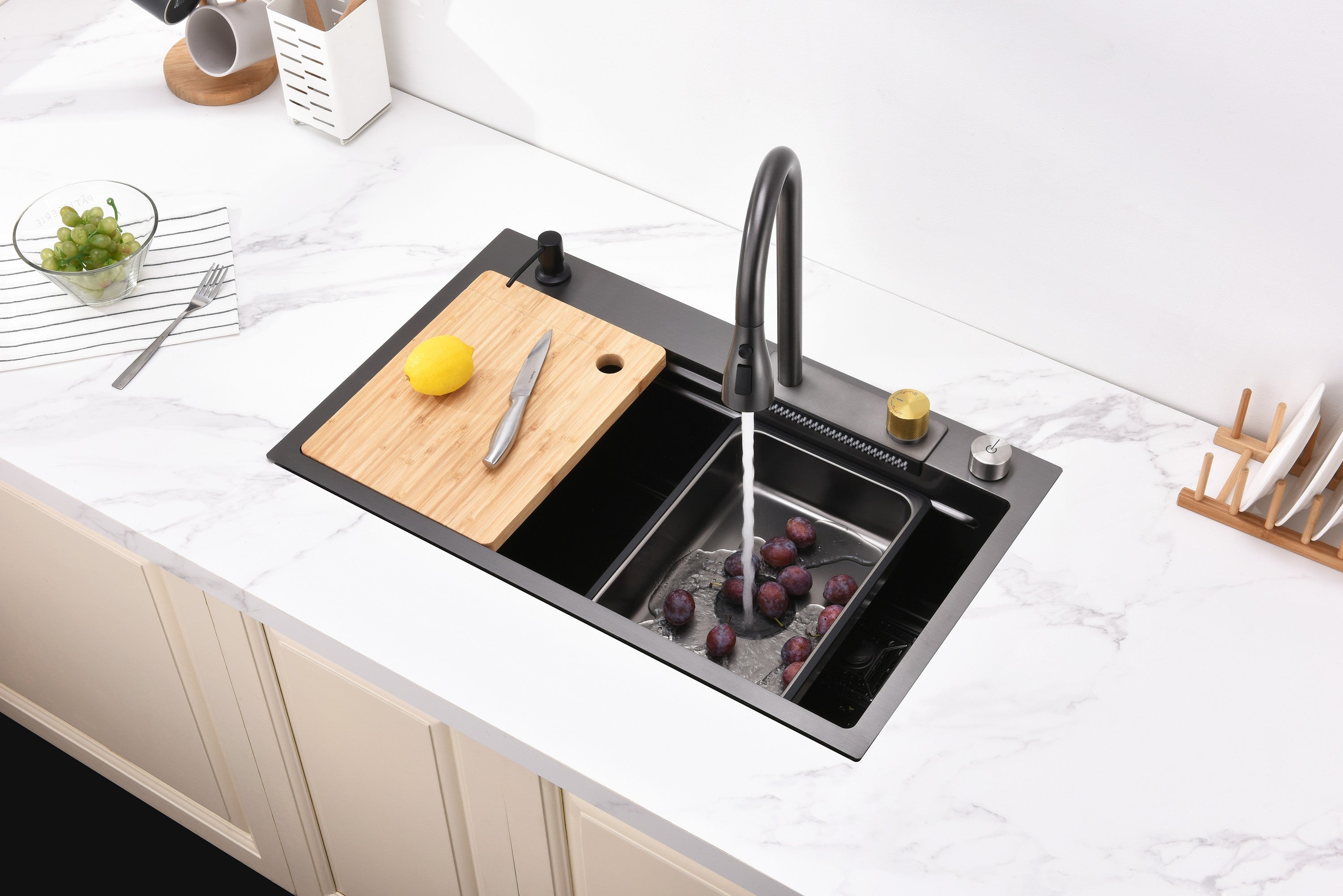 Waterfall Kitchen Sink, Stainless Steel Single Bowl in Black, Multifunctional Workstation with Flying-rain Faucet and Cutting Board, 30×18″ Stainless Steel Single Bowl Sink, LS-SSBL05