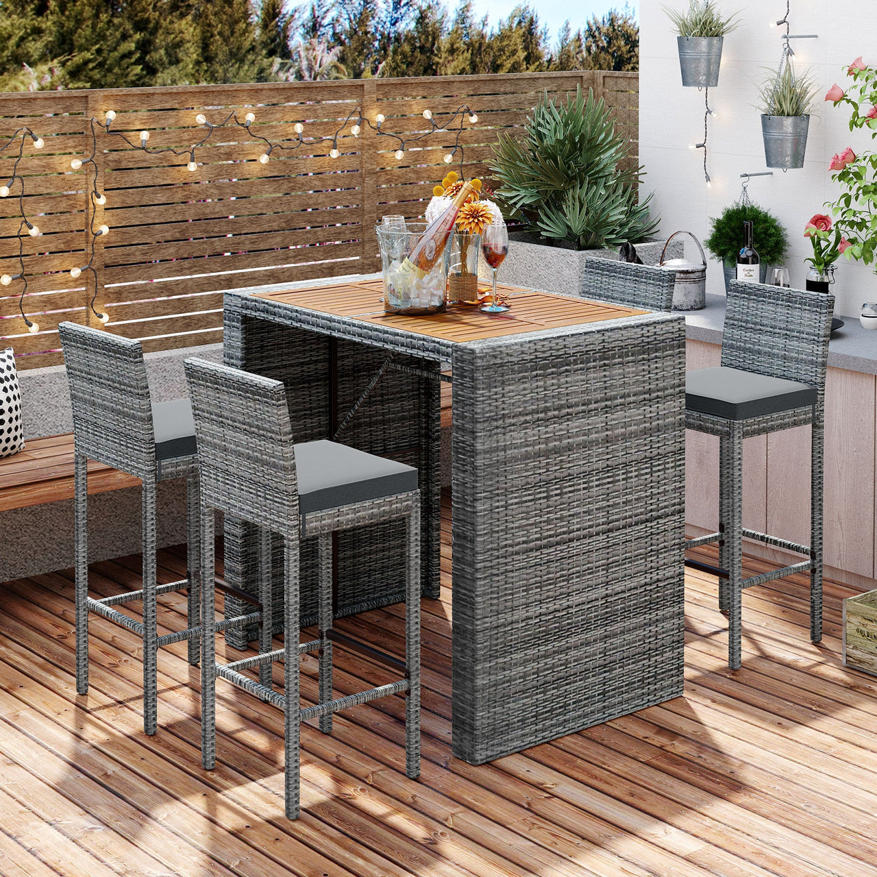5-piece Outdoor Patio Wicker Bar Set, Bar Height Chairs With Non-Slip Feet And Fixed Rope, Removable Cushion, Acacia Wood Table Top, Brown Wood And Gray Wicker