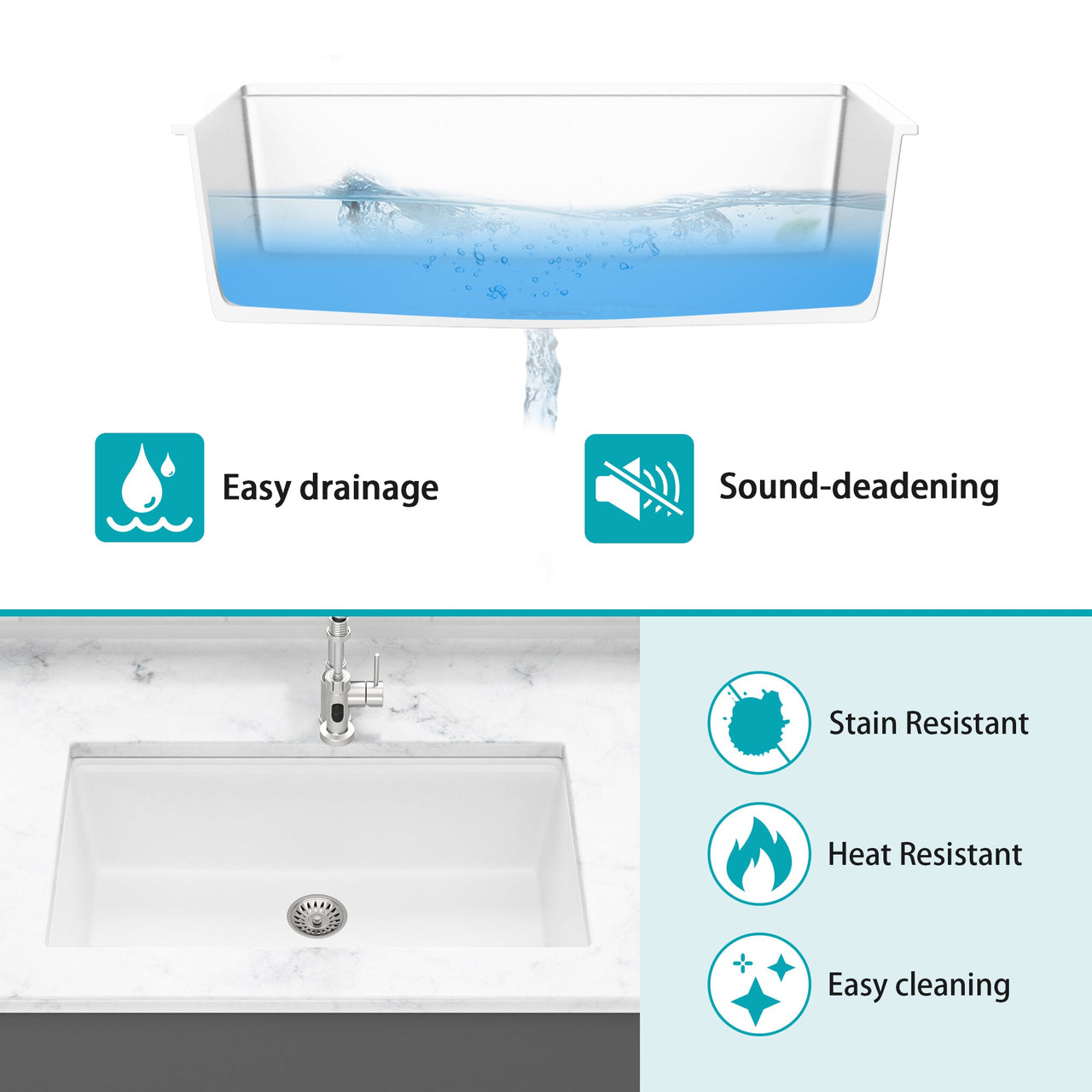 Quartz Kitchen Sink - 33' x 19' White Granite Composite Workstation Undermount Kitchen Sink