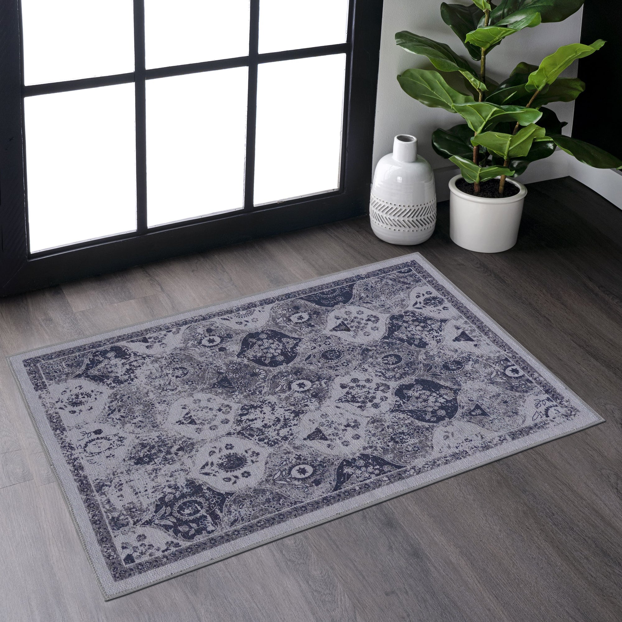 NAAR MAVAL Blue Washable Rug 2' x 3' Doormat Rug (Blue, 2' x 3')