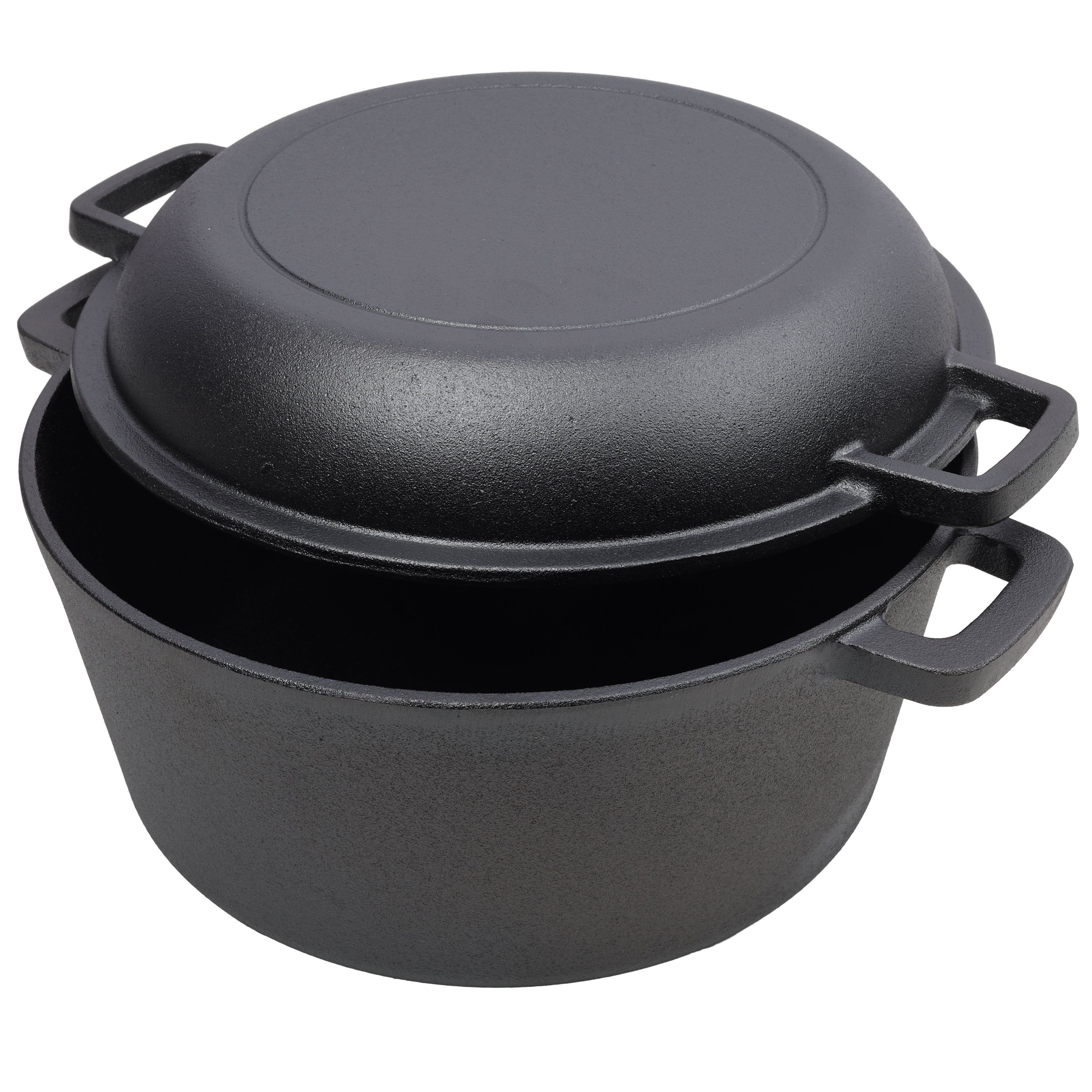2 in 1 Pre-Seasoned Cast Iron Dutch Oven With Dual Handles, Outdoor Camping Deep Pot for Camping Fireplace Cooking BBQ Baking Campfire, 5 Quart.With 1pc Iron Pot Rack.