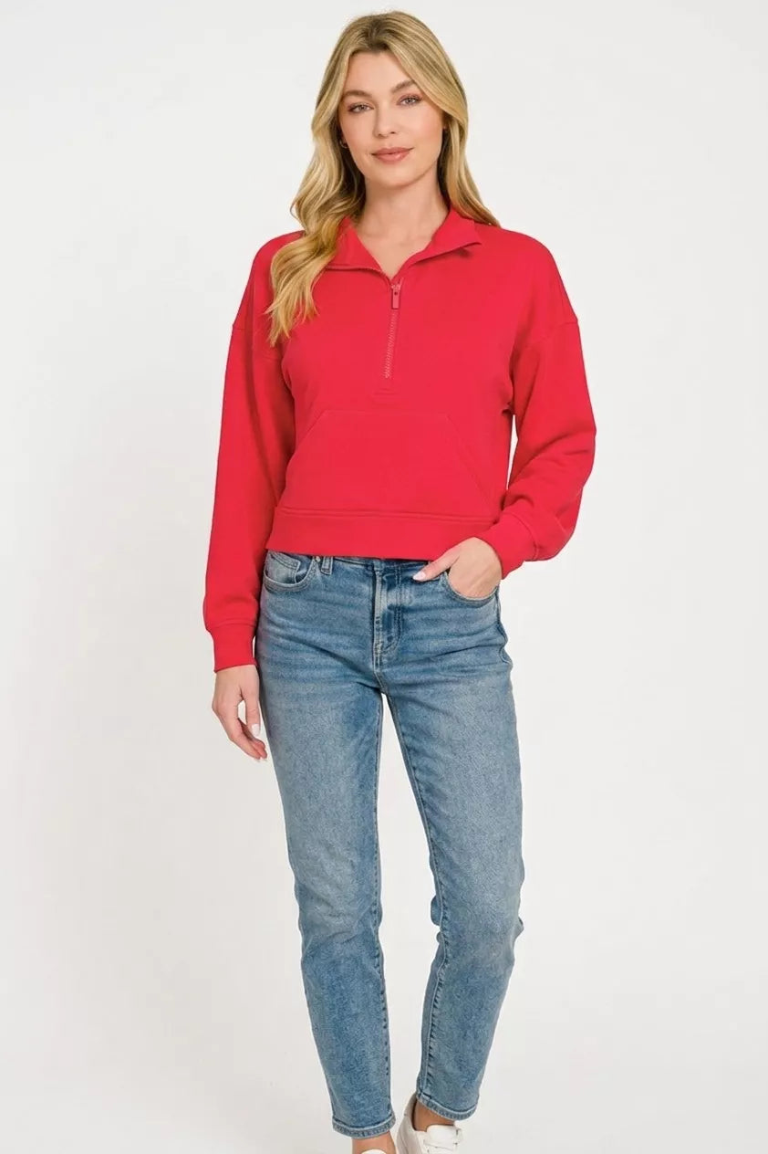Zenana Scuba Half Zip Pullover With Kangaroo Pockets