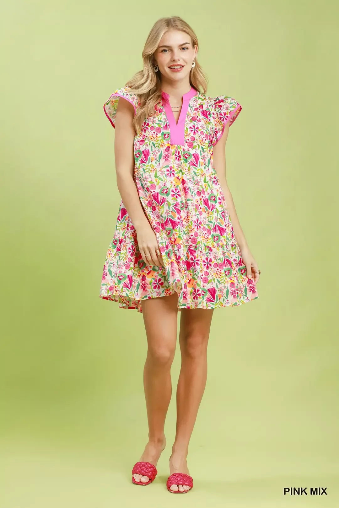Umgee Floral Flutter Sleeve Tiered Mini Dress