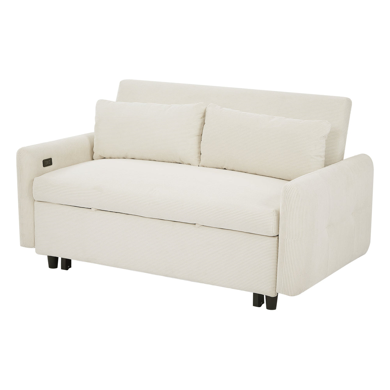Modern Convertible Pull-out Sofa Bed with USB Ports and Pillows, Beige Corduroy, 57.48 inches