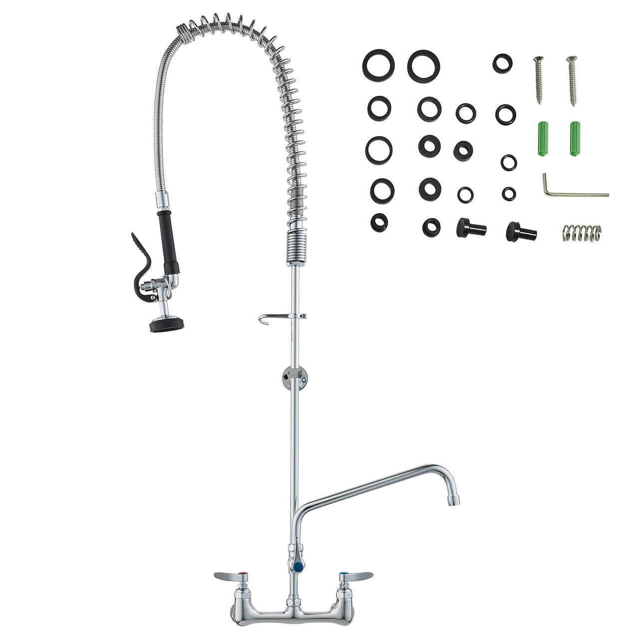 Commercial Faucet with Pre-Rinse Sprayer, 47' Height, 8' Center, 12' Swing Spout, Wall Mount Kitchen Sink Faucet, Brass Constructed Device with Pull Down Spray, for 1/2/3 Compartment Sink