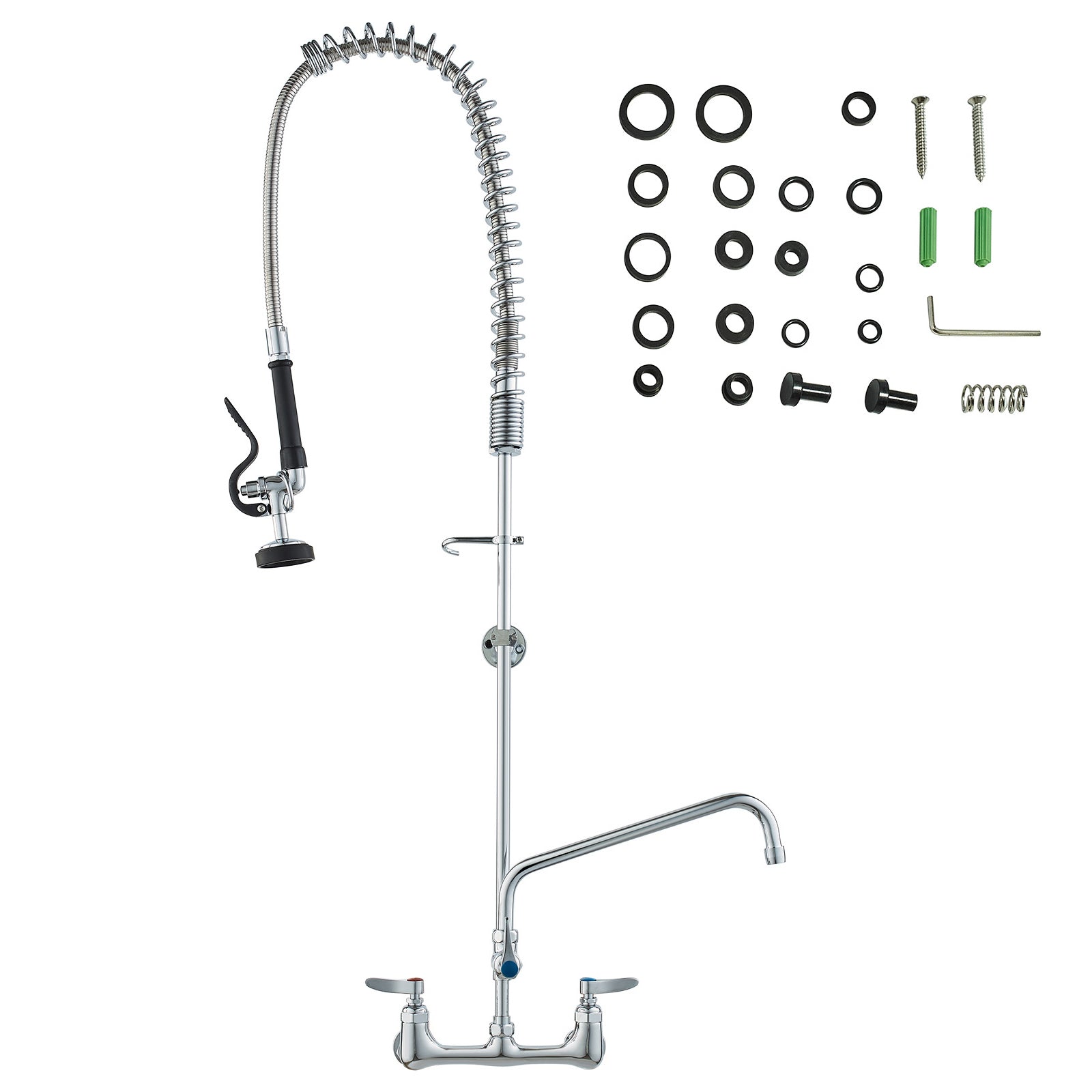Commercial Faucet with Pre-Rinse Sprayer, 47' Height, 8' Center, 12' Swing Spout, Wall Mount Kitchen Sink Faucet, Brass Constructed Device with Pull Down Spray, for 1/2/3 Compartment Sink