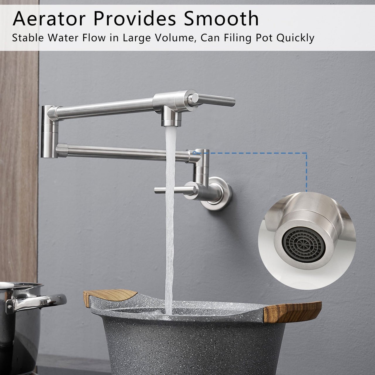 Pot Filler,Wall Mount Commercial Pot Filler Faucet,304 SS Material Kitchen Folding Faucet,Coffee Machine Faucet with Stretchable Double Joint Swing Arms,Style A,Black ened