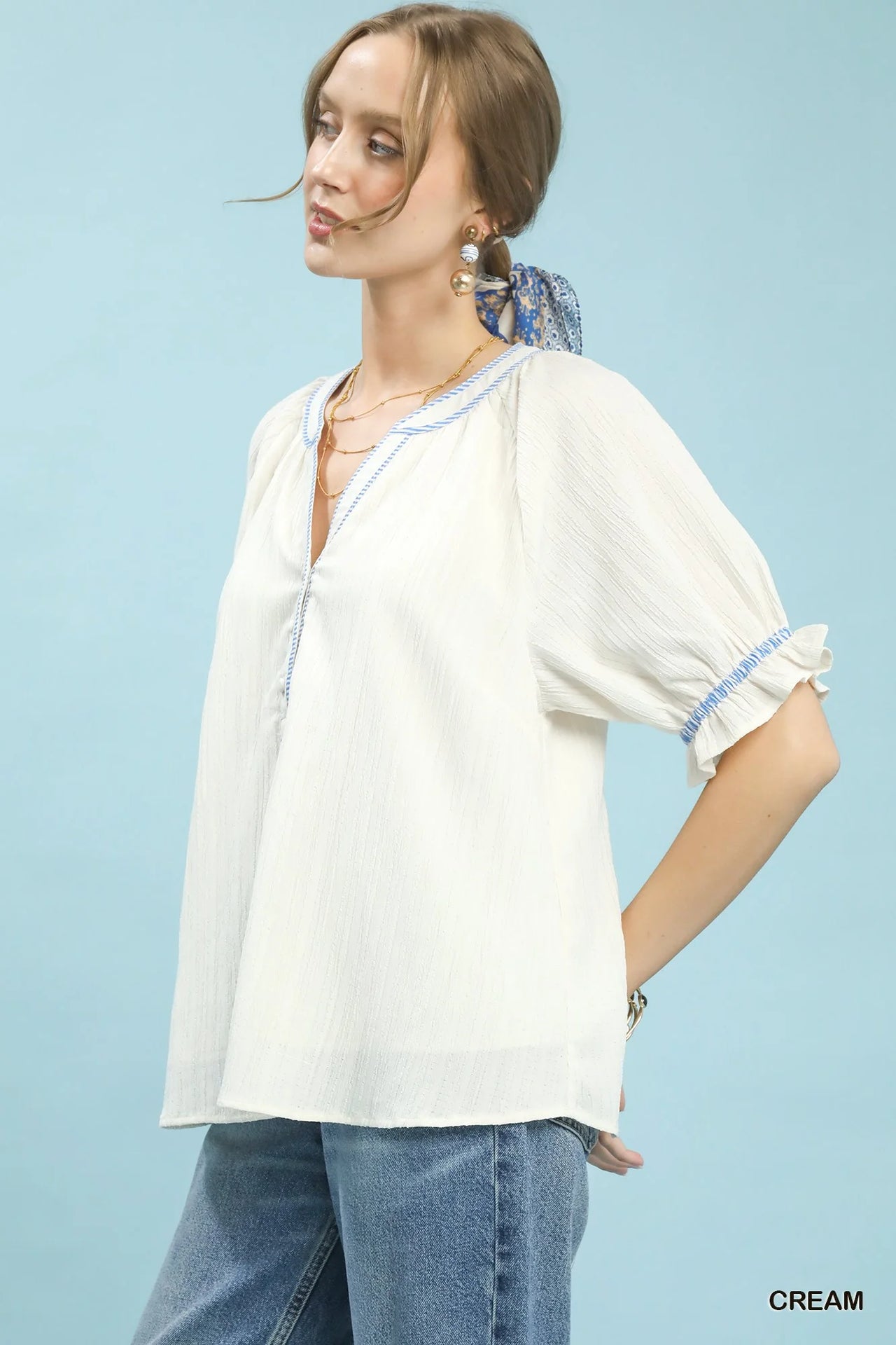 Umgee Textured Split Neck Puff Sleeve Top