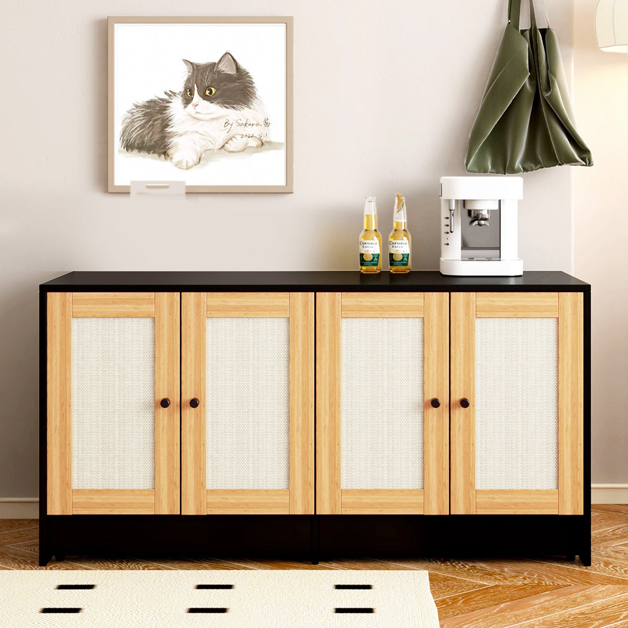 Modern Black Double Litter Box Enclosure with Rattan Doors for Two Cats, 47' L x 19.8' W x 21.8' H