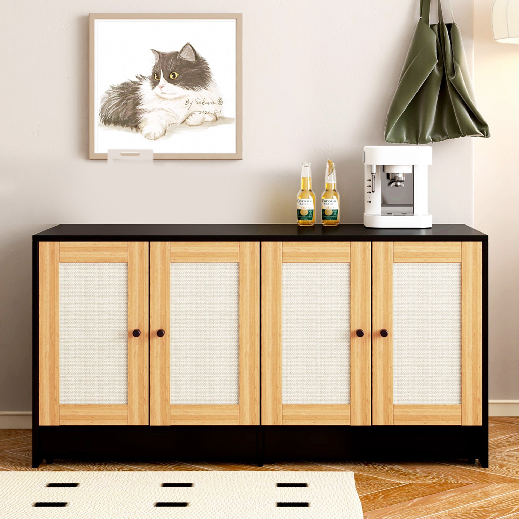 Modern Black Double Litter Box Enclosure with Rattan Doors for Two Cats, 47' L x 19.8' W x 21.8' H